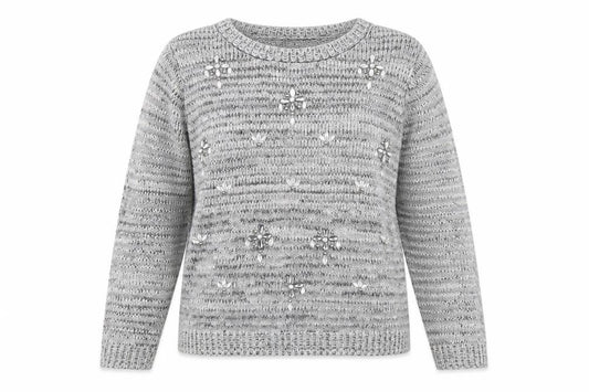 Front view of Select women’s grey round neck acrylic jumper, size UK 12