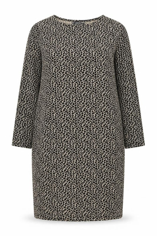 Front view of Principles women’s beige animal print polyester jumper dress, size UK 10, round neck pullover - leopard pattern