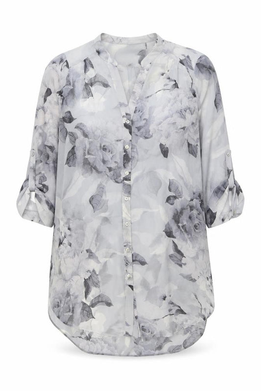 Front view of Wallis women’s grey floral polyester basic button-up, size S, v-neck