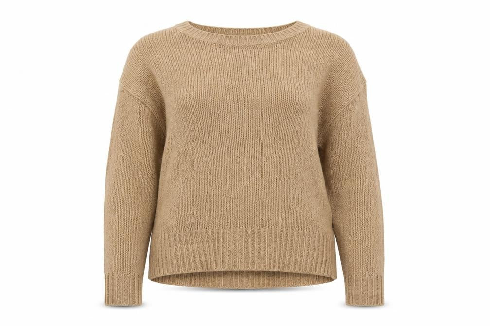Front view of New Look women’s beige round neck acrylic jumper, size M