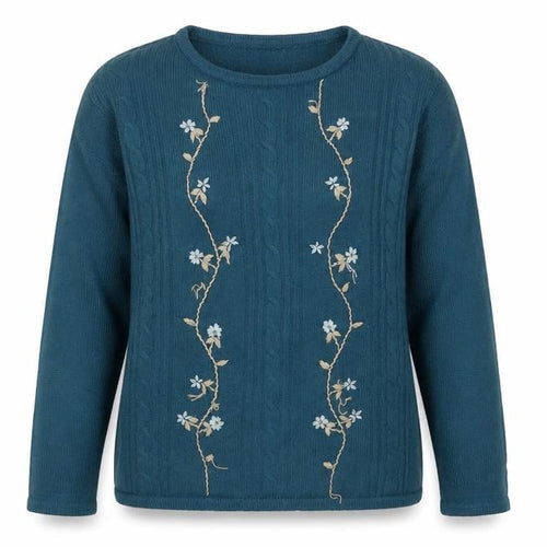 EWM Womens Blue Round Neck Floral Acrylic Pullover Jumper Size 14 - Size 14-16
