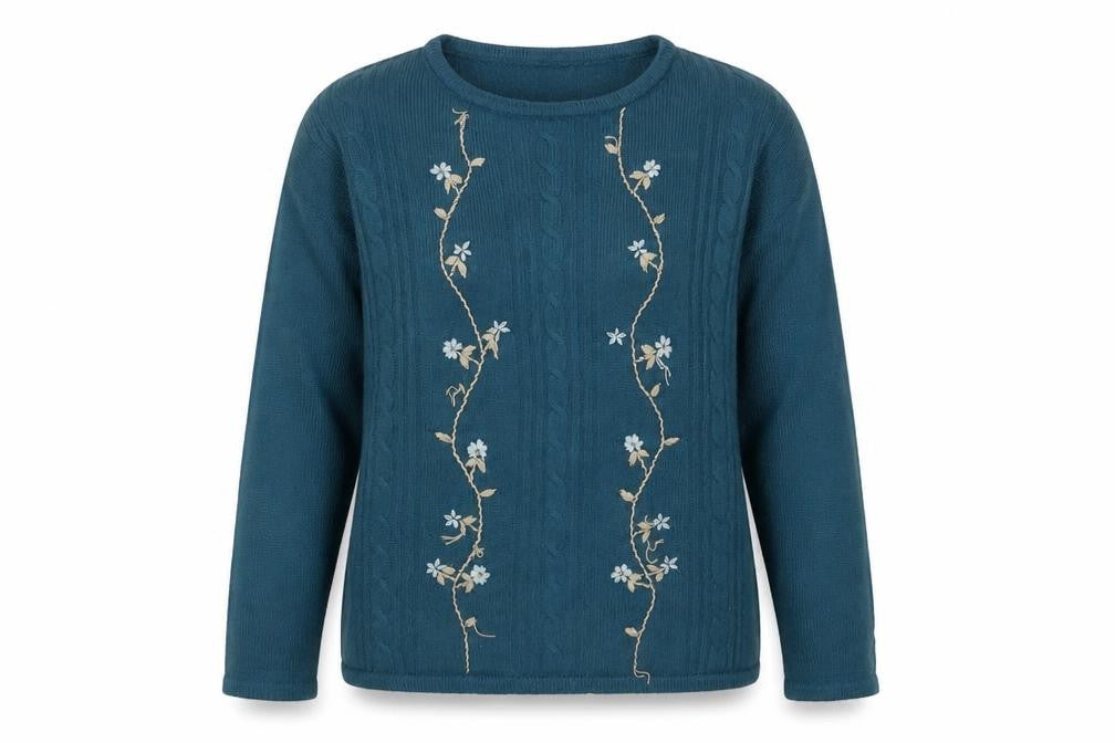EWM Womens Blue Round Neck Floral Acrylic Pullover Jumper Size 14 - Size 14-16