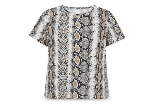 Front view of PRETTYLITTLETHING women’s beige animal print polyester basic t-shirt, size UK 10, round neck - snake skin print