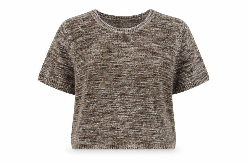 Front view of Marks & Spencer women’s beige round neck viscose jumper, size UK 12