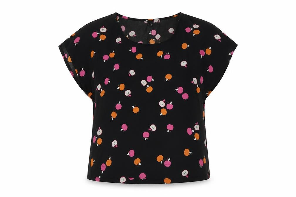 Front view of H&M women’s black geometric polyester basic blouse, size UK 8, round neck - apples print