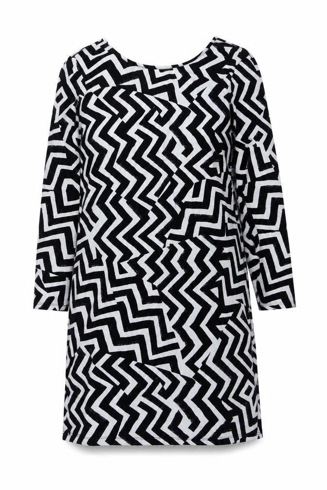 Front view of H&M women’s black geometric polyester a-line, size L, round neck pullover