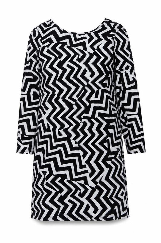 Front view of H&M women’s black geometric polyester a-line, size L, round neck pullover