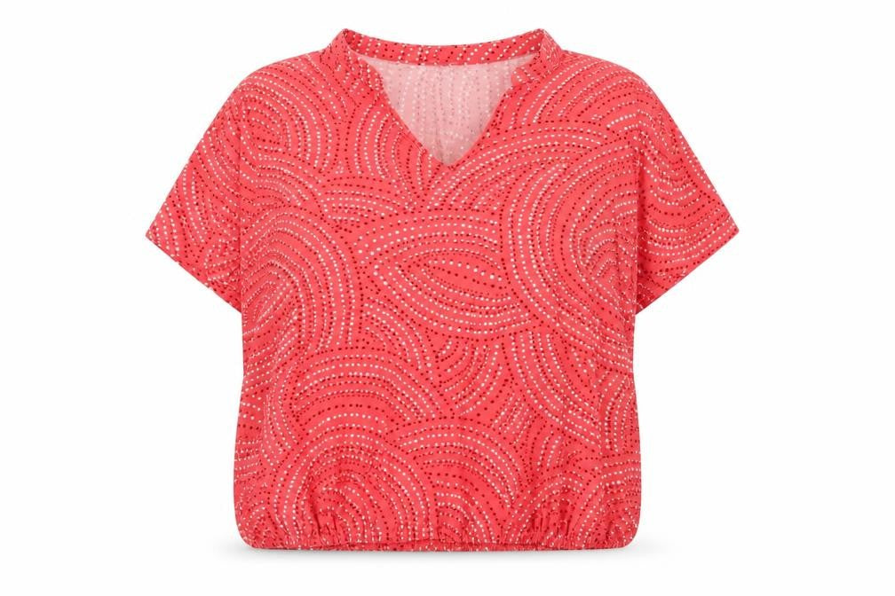 Front view of AURA women’s pink geometric polyester basic blouse, size XL, v-neck