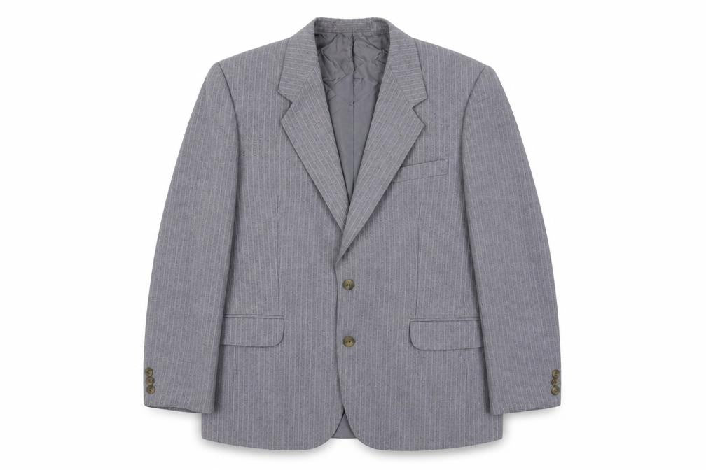 Front view of Burton men’s grey striped polyester jacket suit jacket, size M, regular