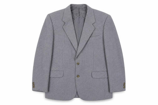Front view of Burton men’s grey striped polyester jacket suit jacket, size M, regular