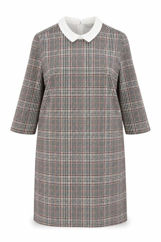 Front view of Fransa women’s black plaid polyester a-line, size L, collared button