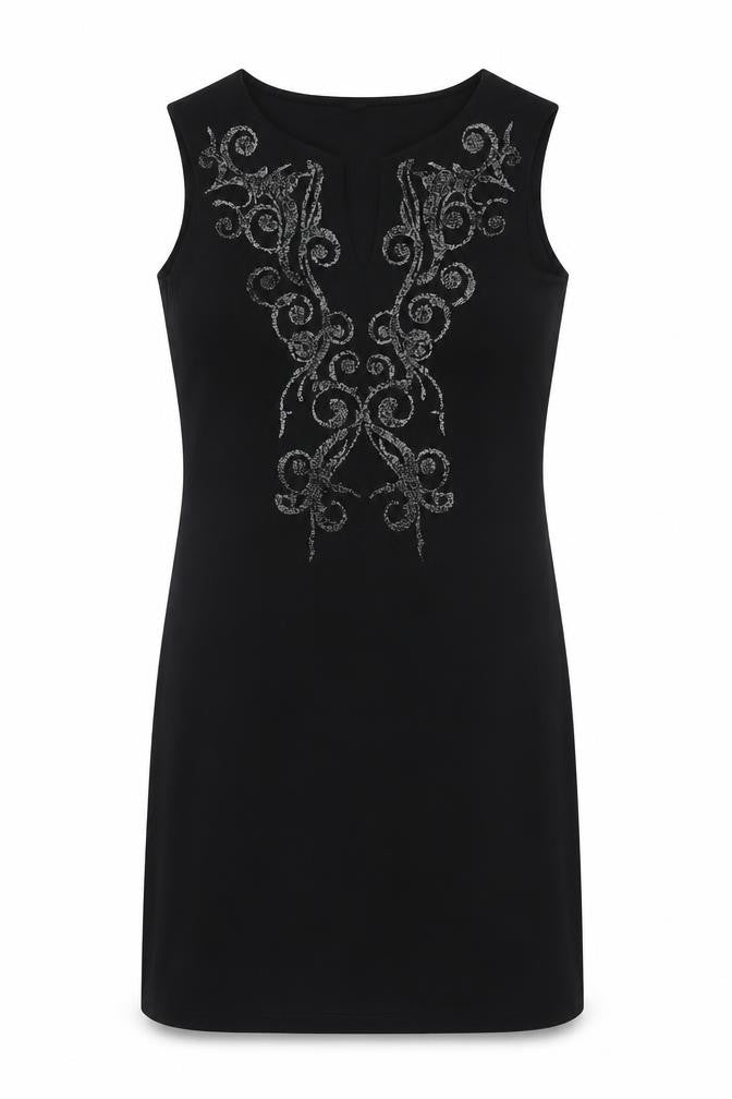Front view of Izabel women’s black geometric polyester a-line, size UK 10, v-neck pullover
