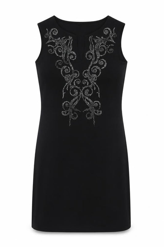 Front view of Izabel women’s black geometric polyester a-line, size UK 10, v-neck pullover