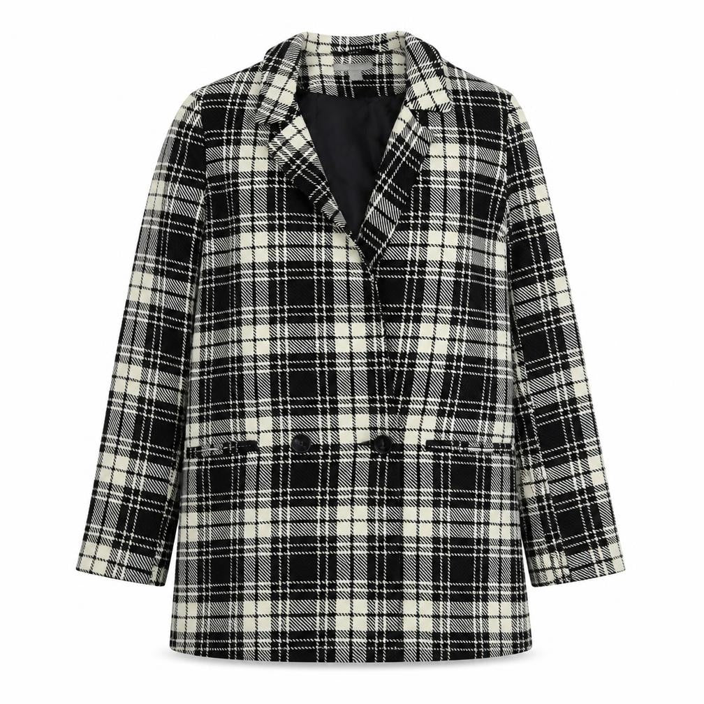 Front view of ASOS women’s black plaid polyester jacket blazer, size UK 4