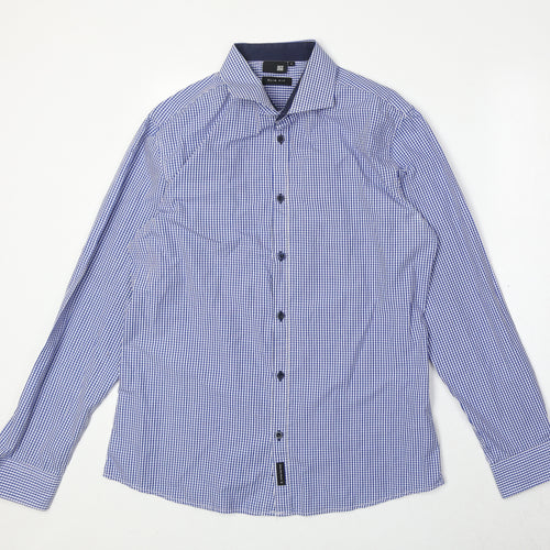D66 Mens Blue Check Cotton Button-Up Size L Collared Button