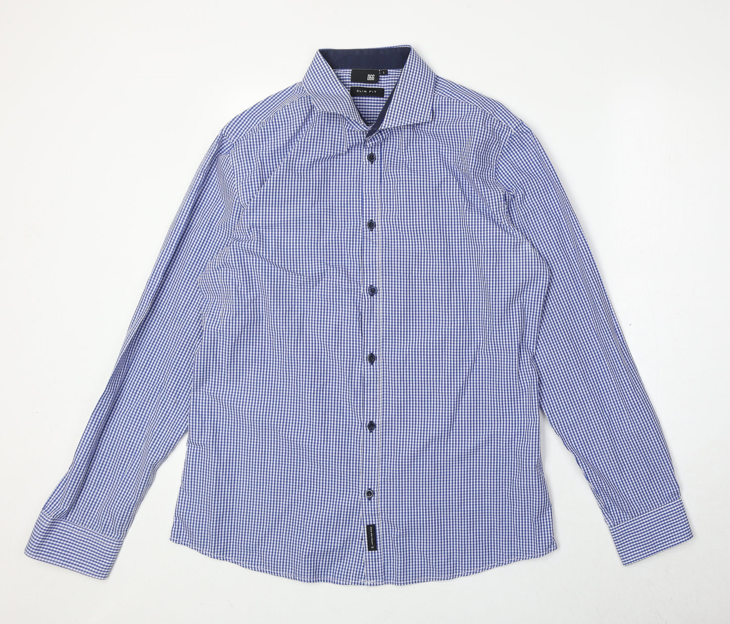 D66 Mens Blue Check Cotton Button-Up Size L Collared Button
