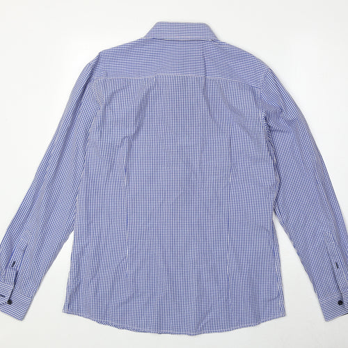 D66 Mens Blue Check Cotton Button-Up Size L Collared Button