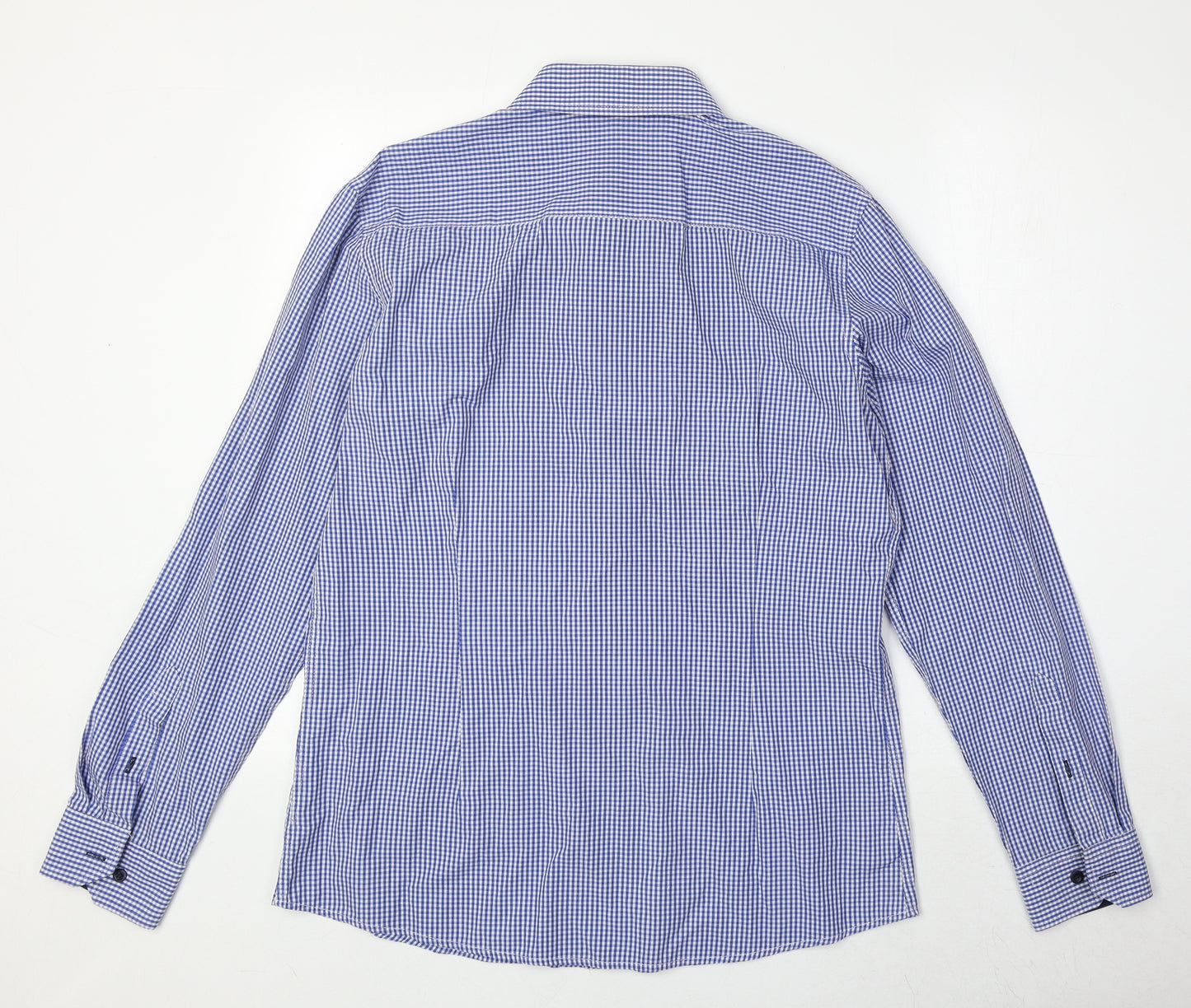 D66 Mens Blue Check Cotton Button-Up Size L Collared Button