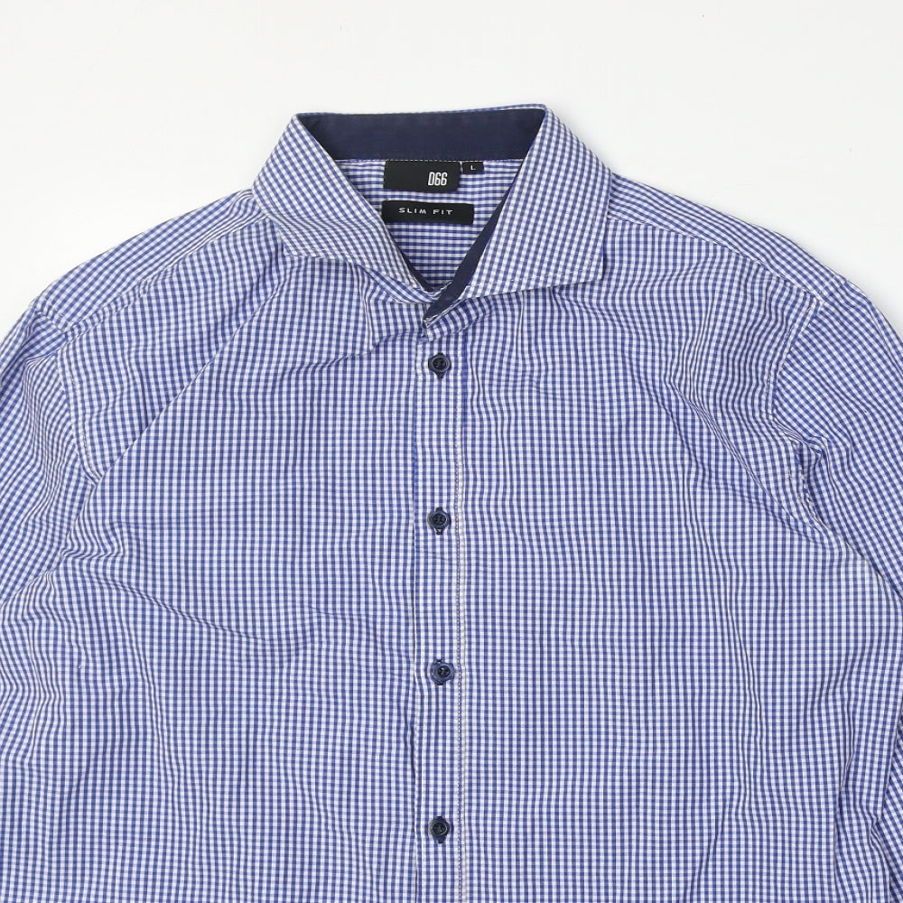 D66 Mens Blue Check Cotton Button-Up Size L Collared Button