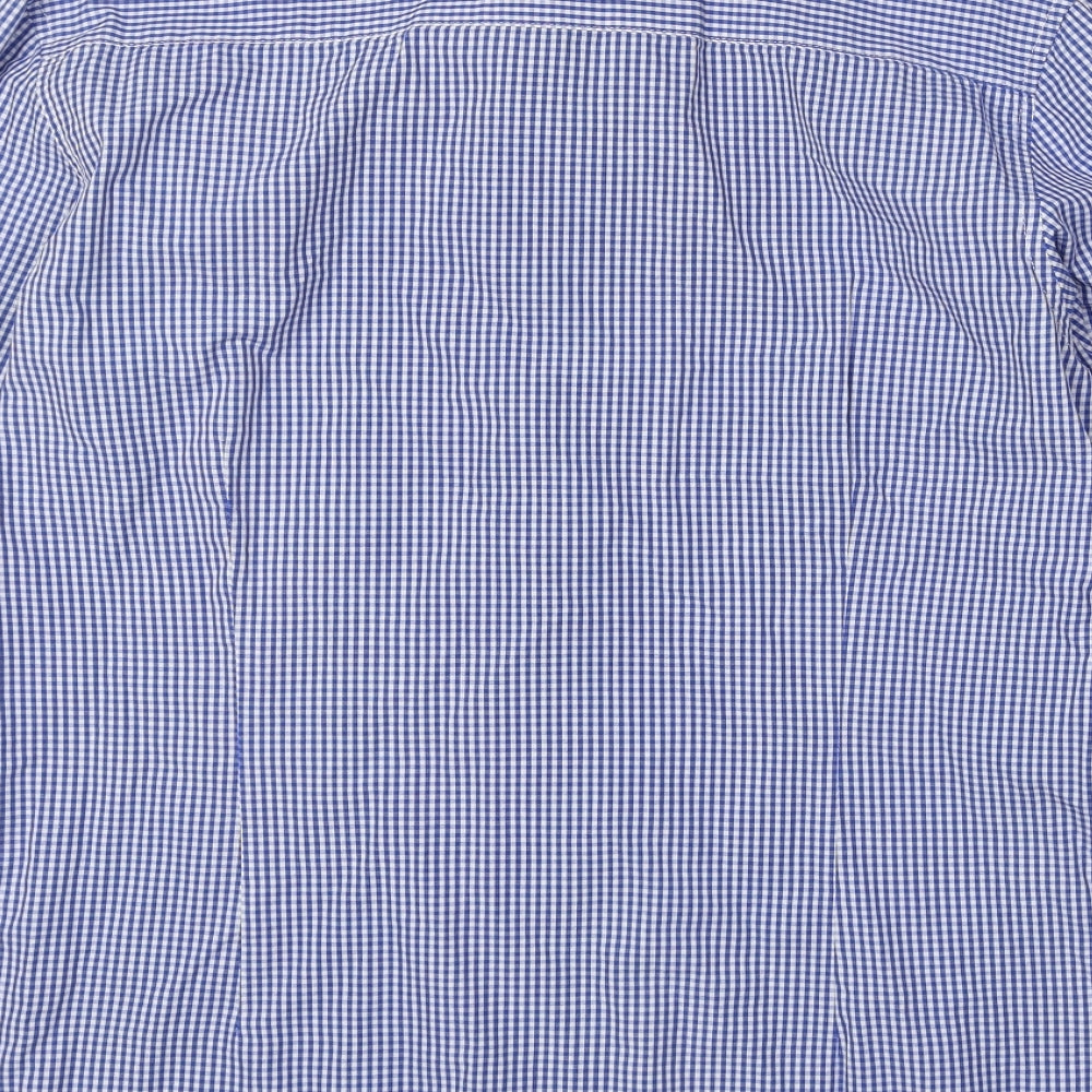 D66 Mens Blue Check Cotton Button-Up Size L Collared Button