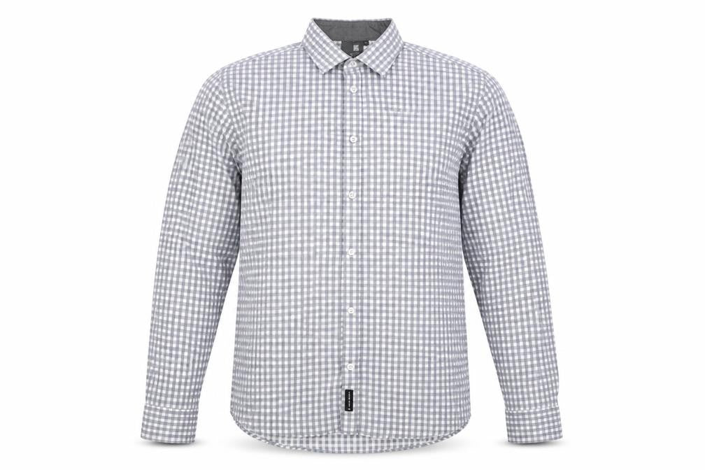Front view of D66 men’s grey camouflage cotton button-up, size L, collared button
