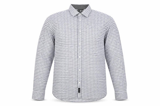 Front view of D66 men’s grey camouflage cotton button-up, size L, collared button