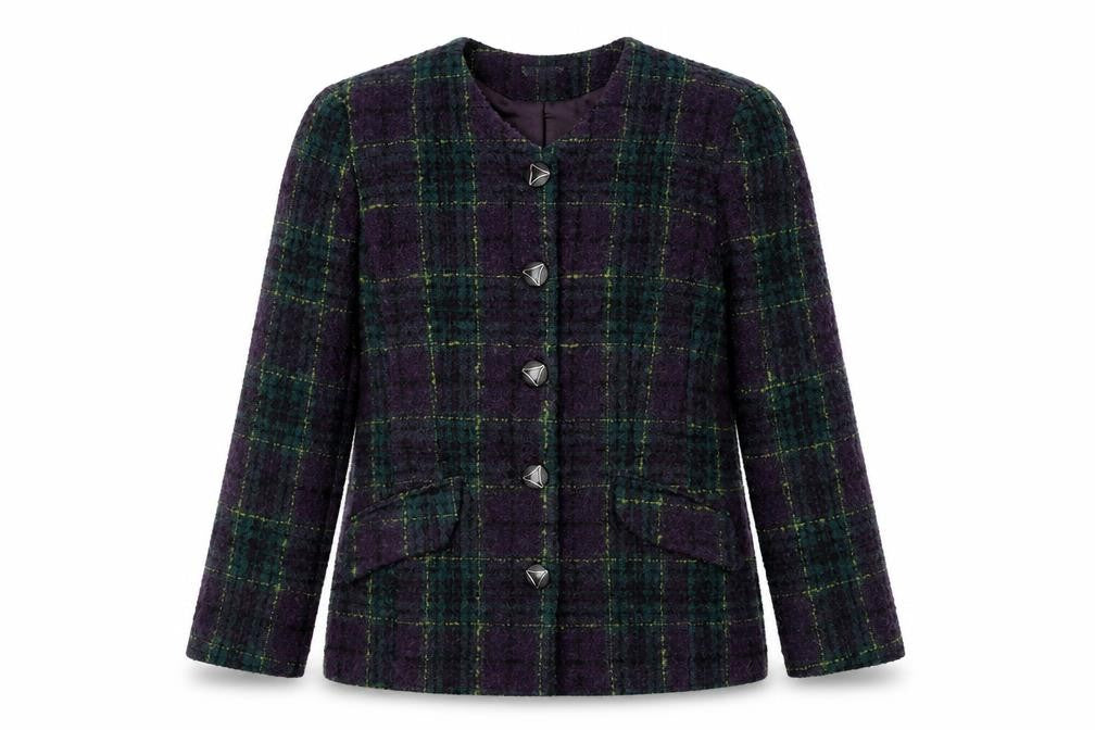 Front view of OPUS women’s multicoloured plaid wool jacket blazer, size UK 10