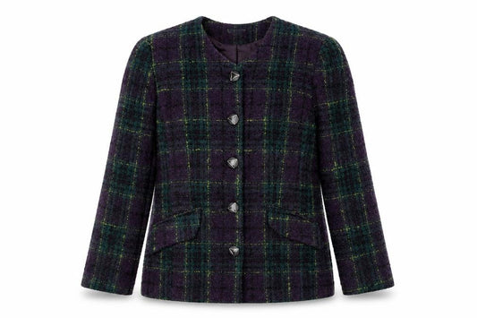 Front view of OPUS women’s multicoloured plaid wool jacket blazer, size UK 10