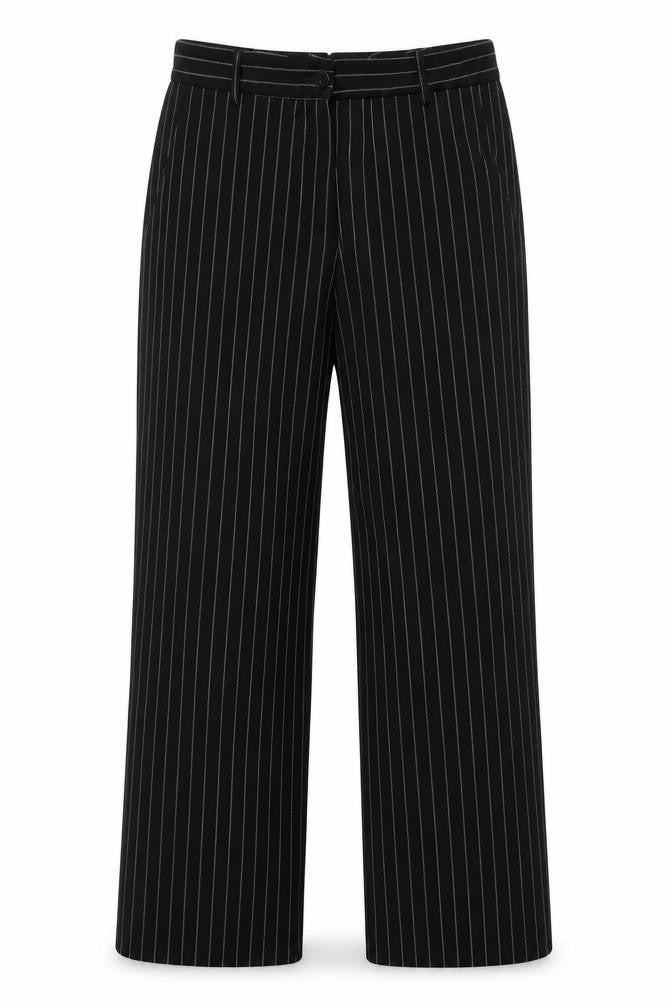 Front view of Verso women’s black striped polyester trousers, size UK 32, in regular zip
