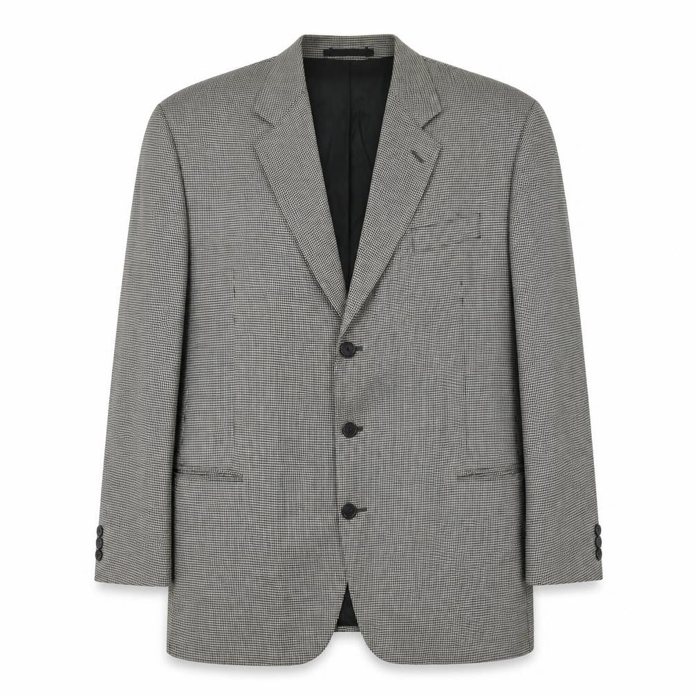 Front view of Burton men’s beige geometric polyester jacket blazer, size 44, regular