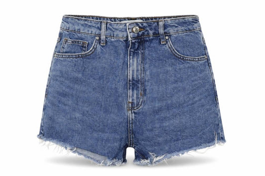 Front view of Forever 21 women’s blue cotton boyfriend shorts, size UK 27, in regular zip