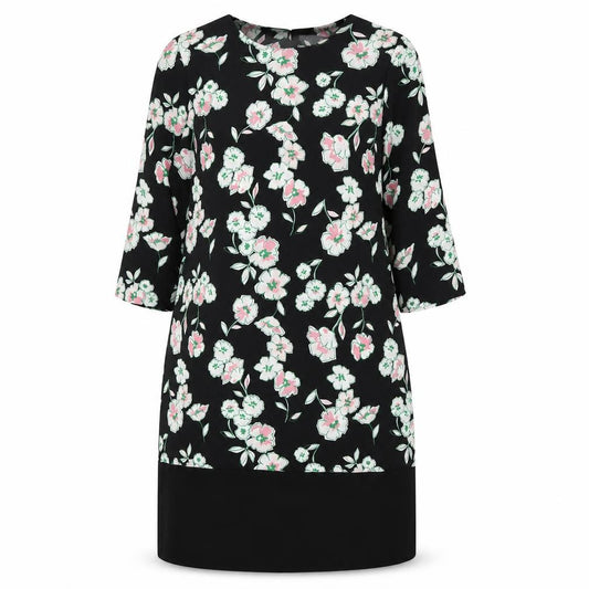 Front view of Marks & Spencer women’s black floral polyester a-line, size UK 14, round neck button