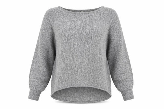 Front view of Stella women’s grey round neck polyester jumper, size UK 12