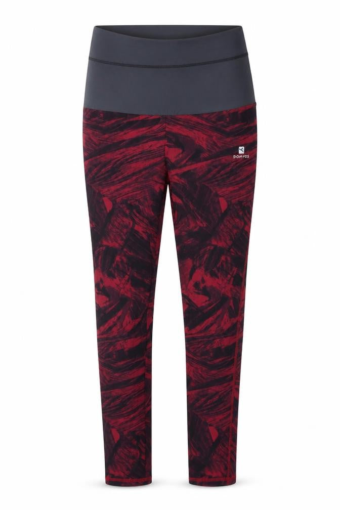 Front view of Decathlon women’s red geometric nylon compression leggings, size UK 26, in regular pullover