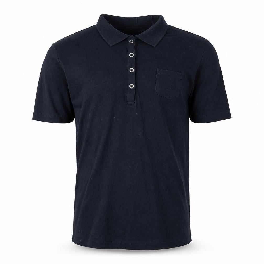 Front view of Canada men’s blue 100% cotton polo, size S, collared button