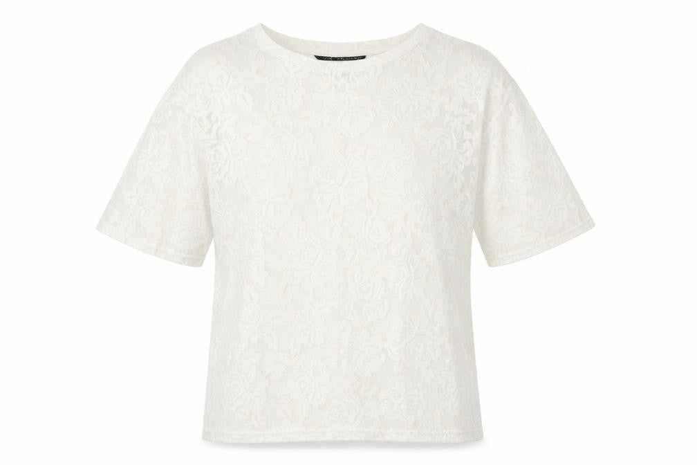 Front view of Topshop women’s ivory geometric polyester basic t-shirt, size S, round neck