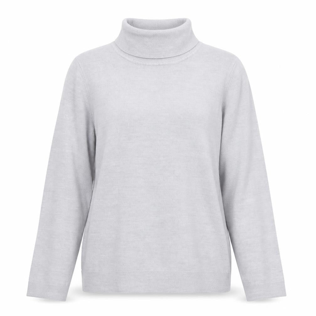 Front view of BHS women’s grey roll neck acrylic jumper, size UK 14