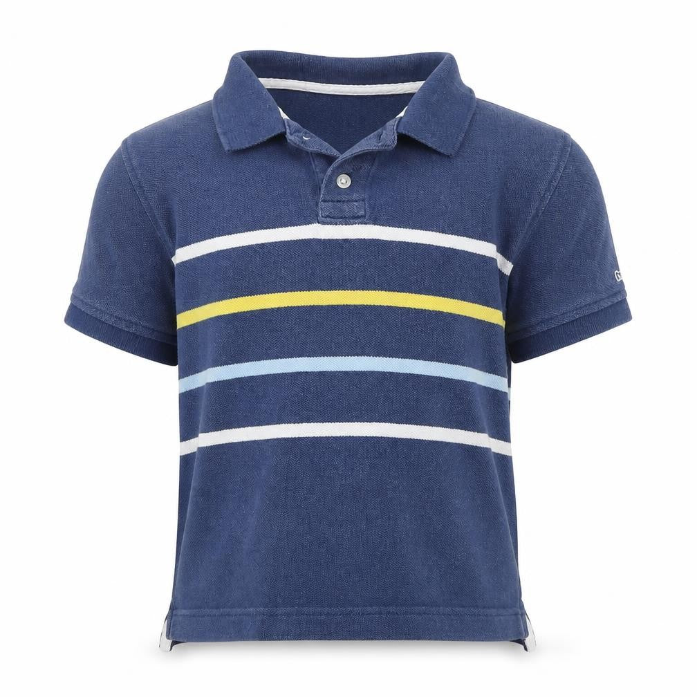Front view of Gap boys’ blue striped 100% cotton pullover polo, size 4, years collared button