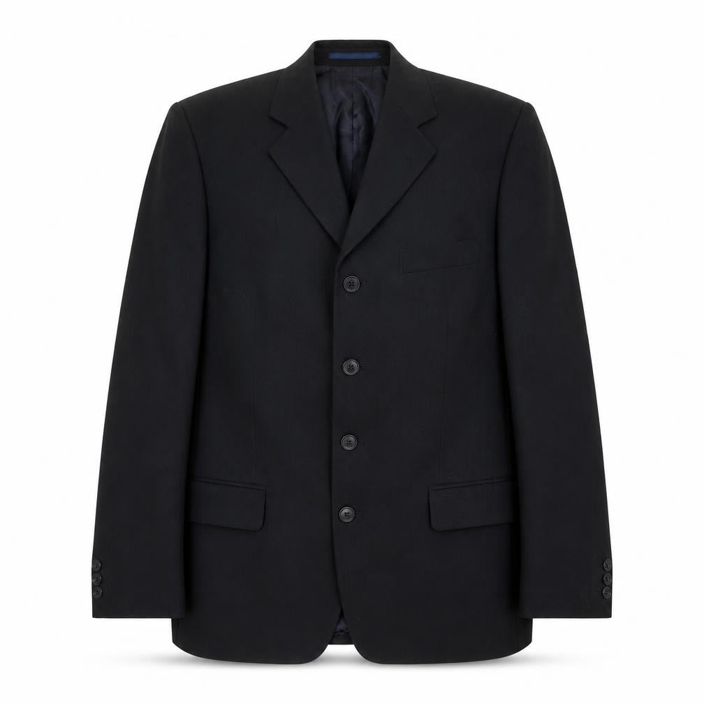 Front view of Tom English men’s black polyester jacket suit jacket, size 42, regular