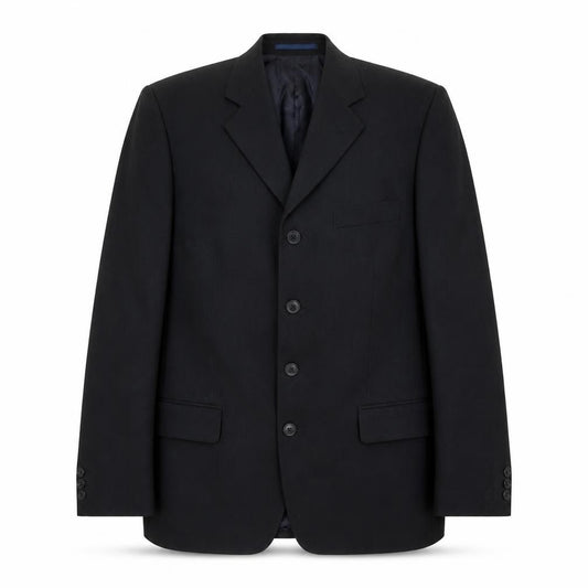 Front view of Tom English men’s black polyester jacket suit jacket, size 42, regular