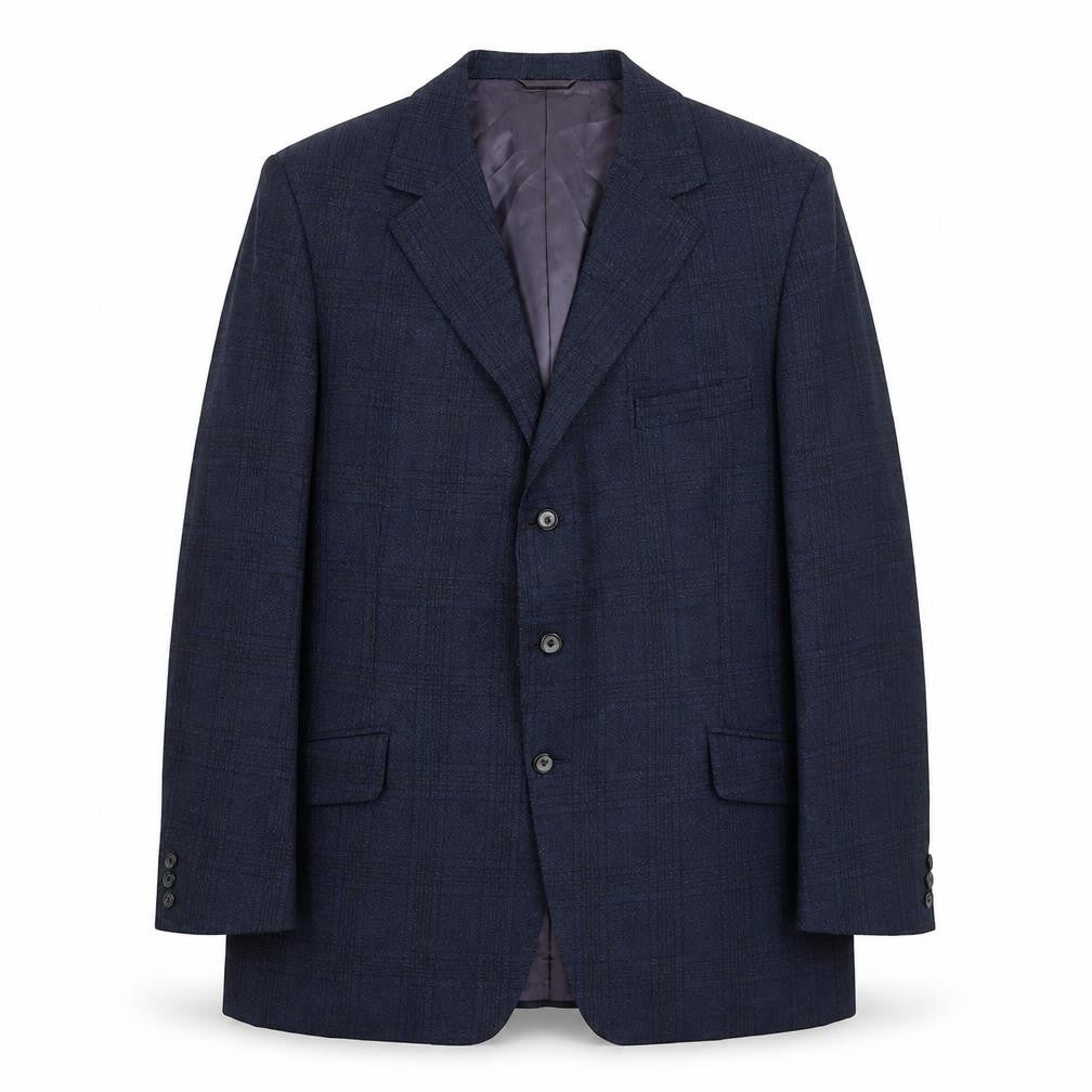 Front view of Superfine men’s blue plaid wool jacket suit jacket, size 42, regular