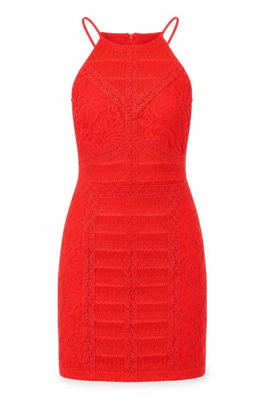 Front view of Topshop women’s red geometric polyester bodycon, size UK 14, square neck zip