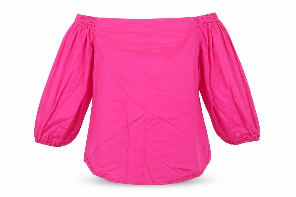 Front view of New Look women’s pink cotton basic blouse, size UK 10, off the shoulder