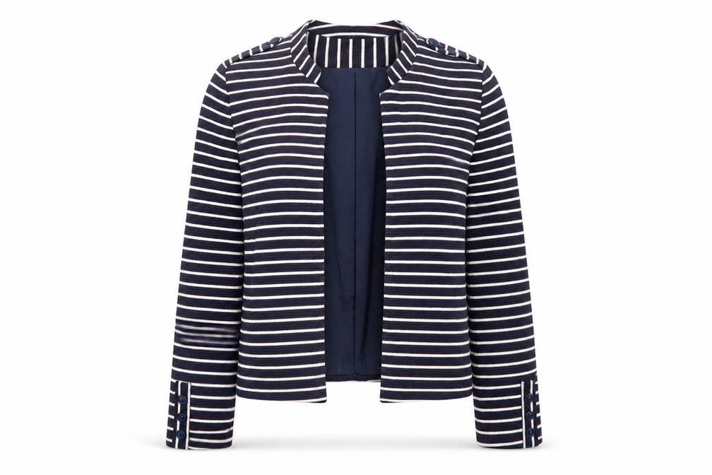 Front view of Promod women’s blue striped jacket blazer, size UK 12