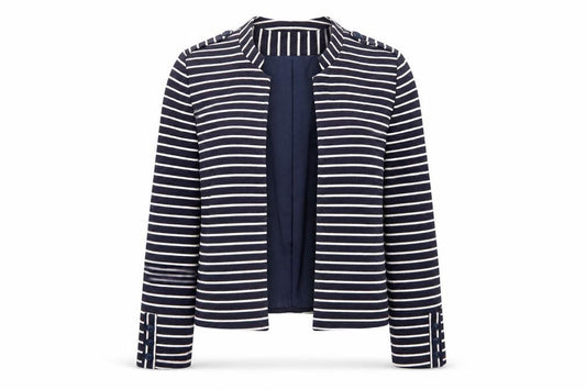 Front view of Promod women’s blue striped jacket blazer, size UK 12