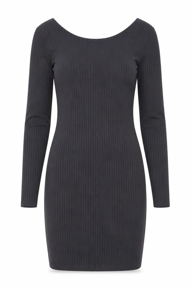 Front view of Boohoo women’s grey polyester bodycon, size UK 10, round neck pullover