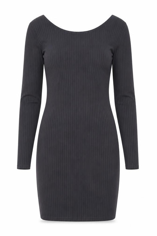 Front view of Boohoo women’s grey polyester bodycon, size UK 10, round neck pullover