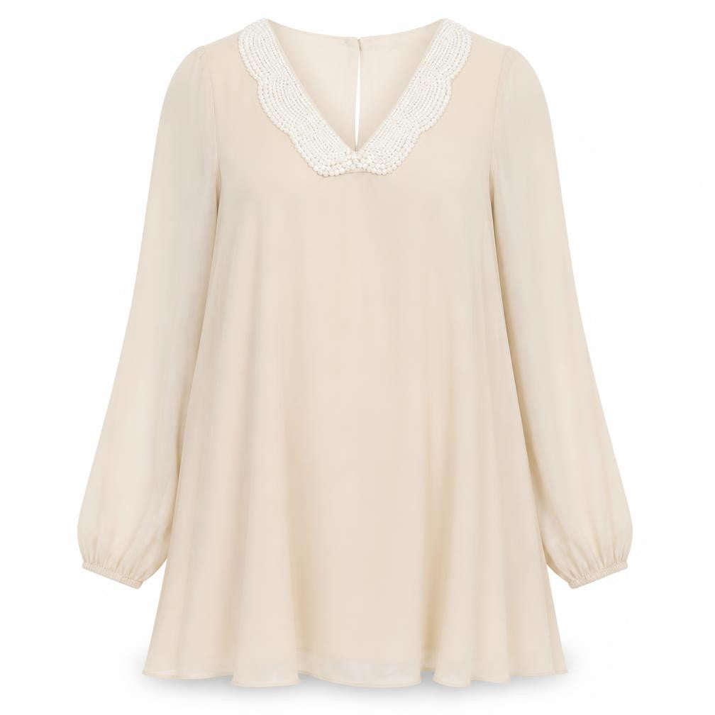 Front view of Love women’s beige polyester trapeze & swing, size S, v-neck button