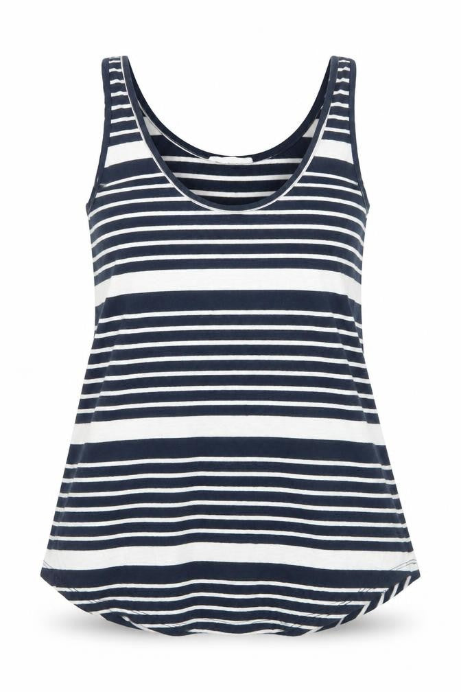 Front view of Warehouse women’s blue striped viscose basic tank, size UK 10, round neck