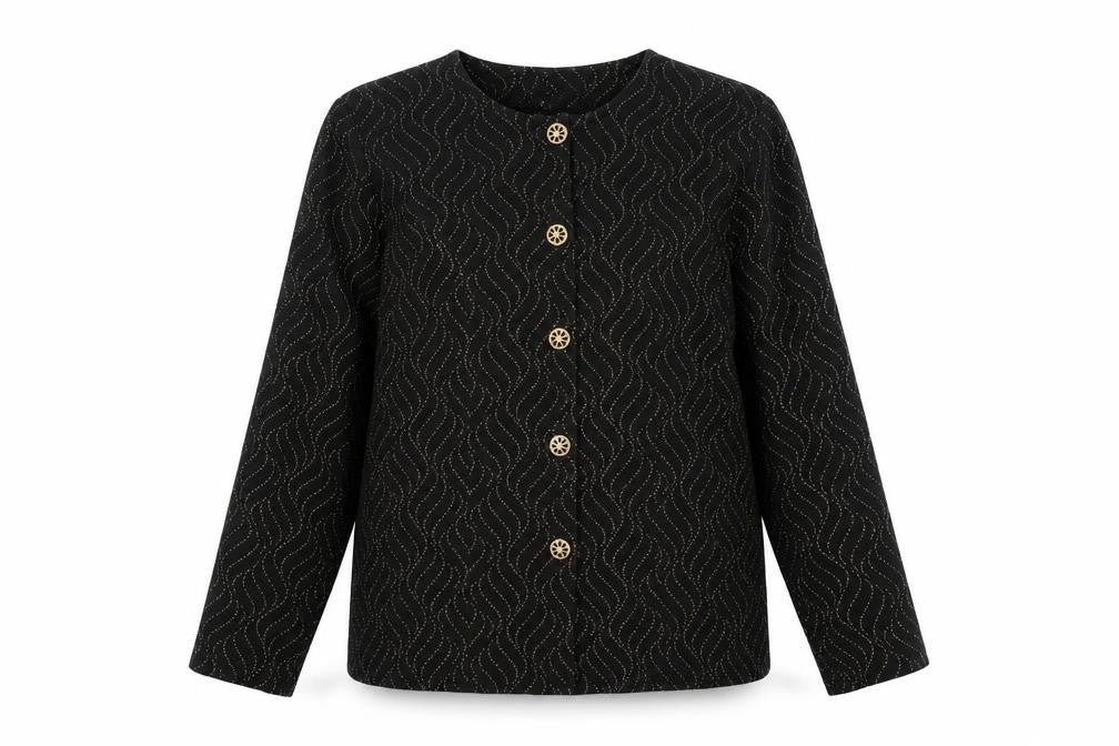 Front view of Bonmarché women’s black geometric jacket blazer, size UK 16, button